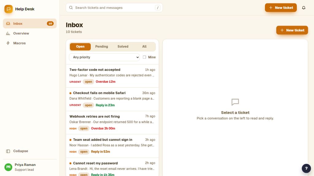 Preview of the Help Desk template