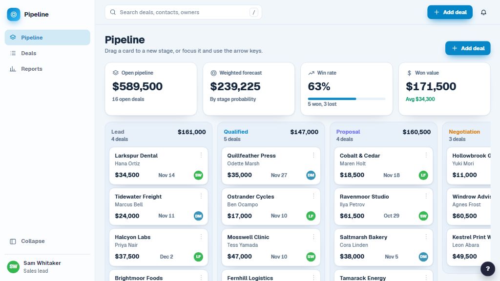 Preview of the Pipeline CRM template