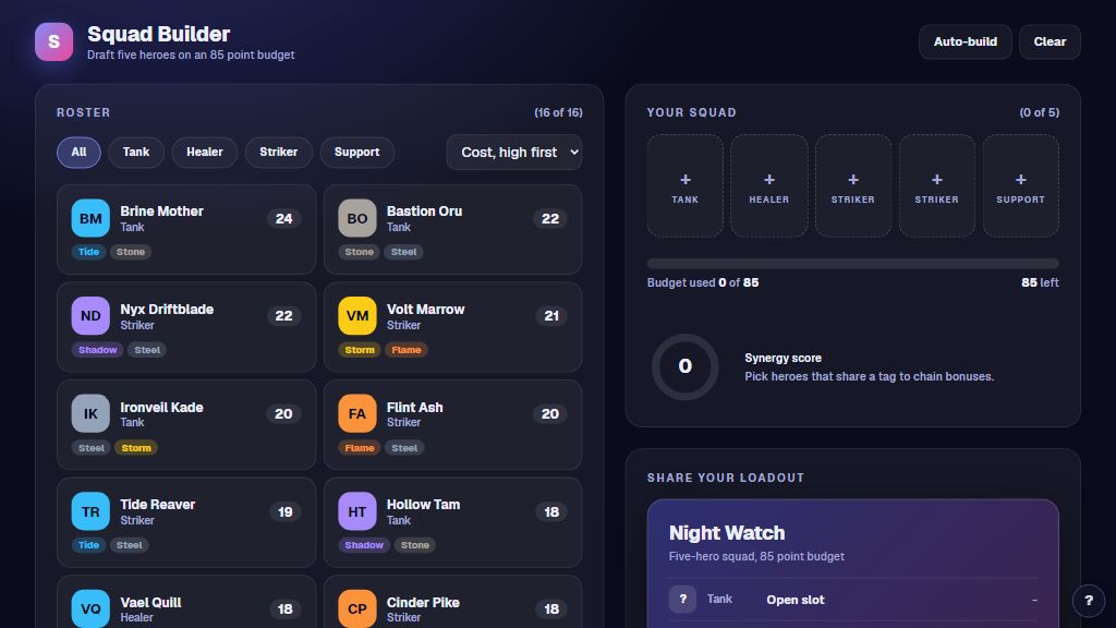Preview of the Squad Builder template
