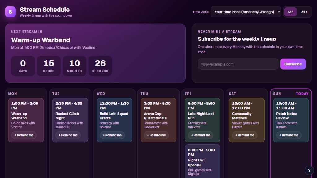 Preview of the Stream Schedule template