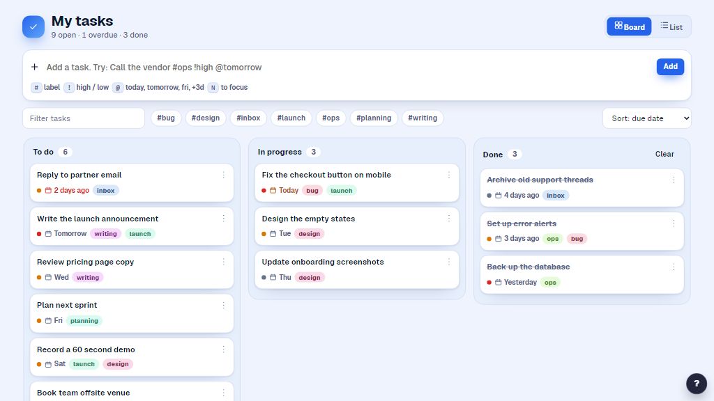 Preview of the Task Board template